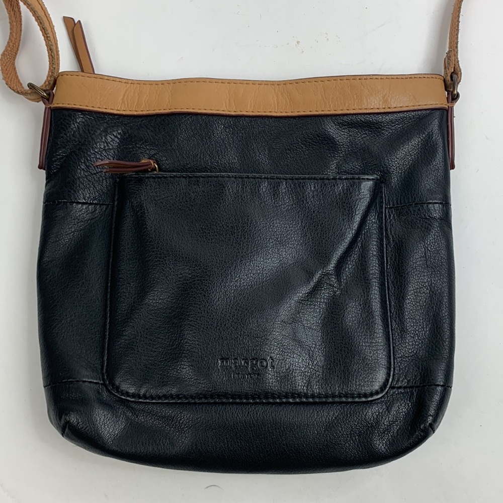 Margot Anthropologie Leather Crossbody Bag purse Black Tan Zip Lined Pockets